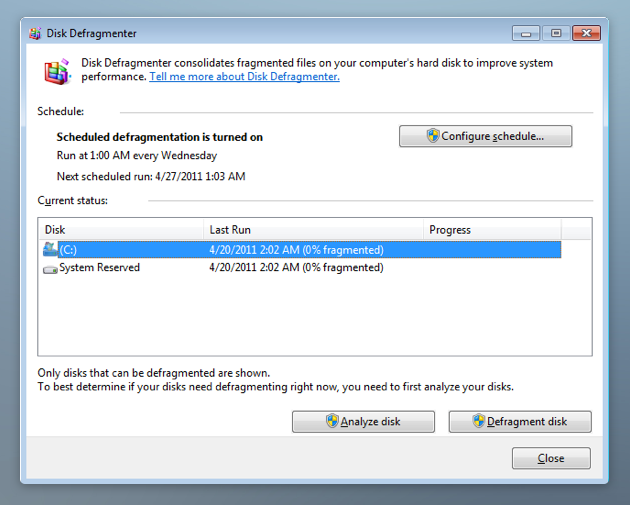 Disk defragmenter helps speed up your PC