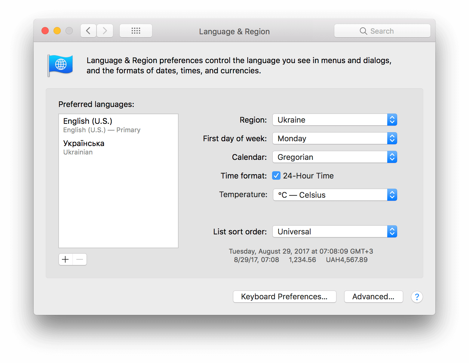 Language & Region macOS preferences