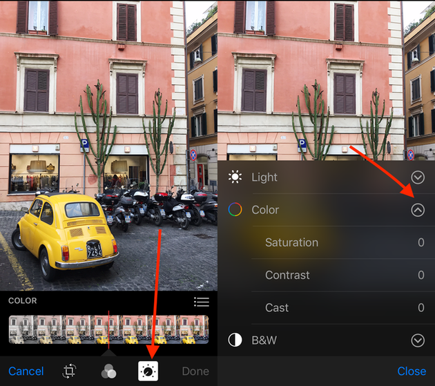 لقطات الشاشة: كيفية ضبط اللون على صورة على iPhone