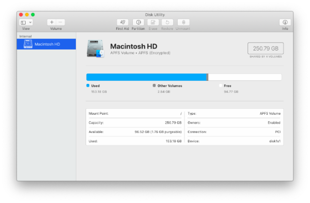 Screenshots of an APFS volume in Disk Utility