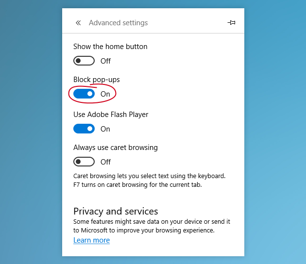 How to block pop-ups in Microsoft Edge browser