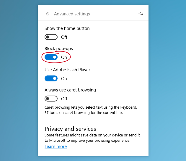 how to get rid of pop ups on microsoft edge