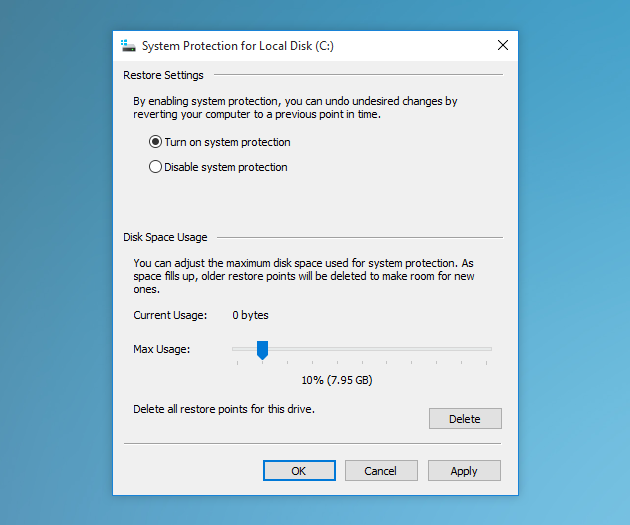 System Protection for Local Disk in Windows 10