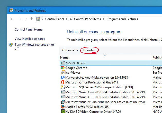 Uninstall programs on Windows 10 PC with Programs and Features
