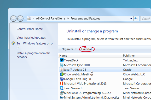 Uninstall or change programs on Windows 7