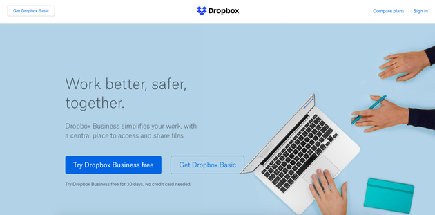 Screenshot of Dropbox, a file sharing website