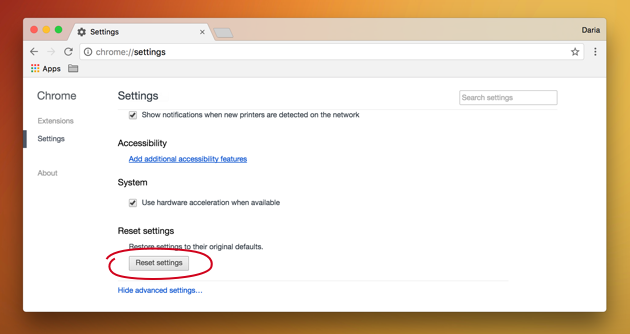 Reset Chrome settings to get clean browser