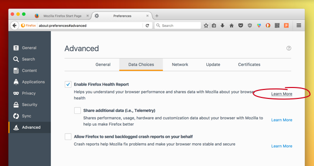 Setup Firefox Health report