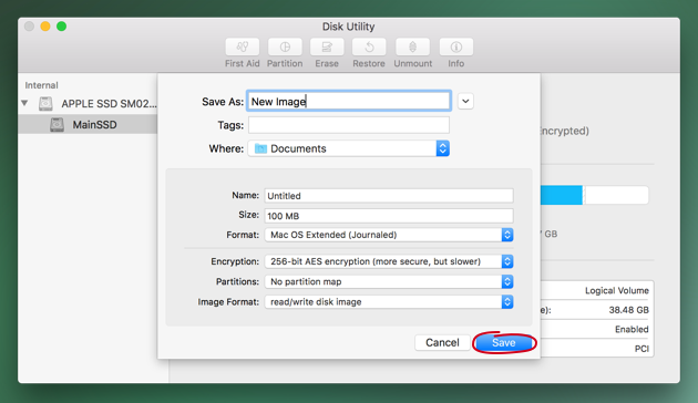 How to create and mount the encrypted image with Disk Utility