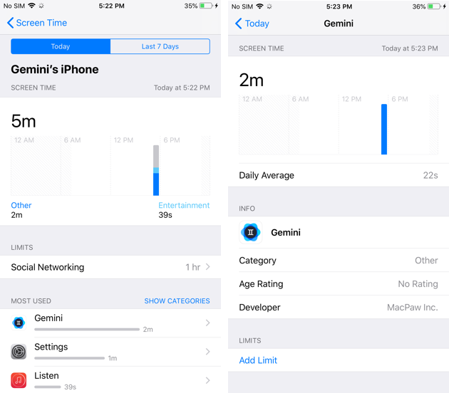 Sreenshots of Screen Time, a new feature in Apple iOS 12