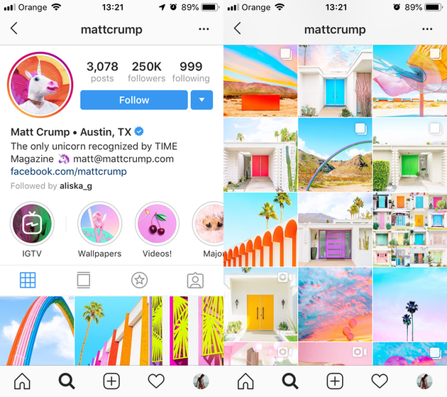 Screenshots of @mattcrump Instagram feed