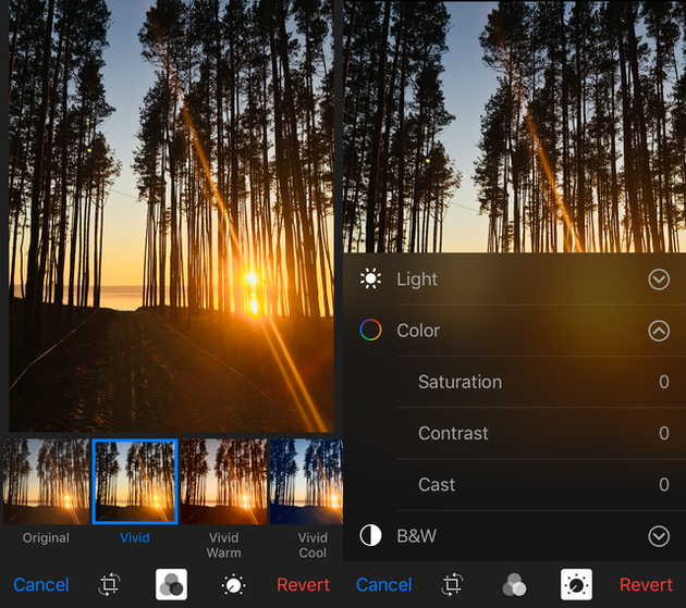 Screenshots of Photos, a native iOS photo editor