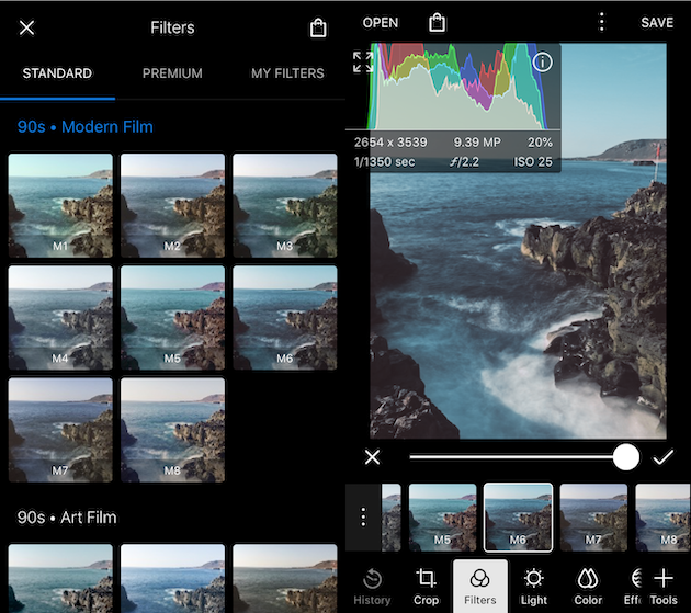 Screenshots of Polarr, a photo filter app for iPhone