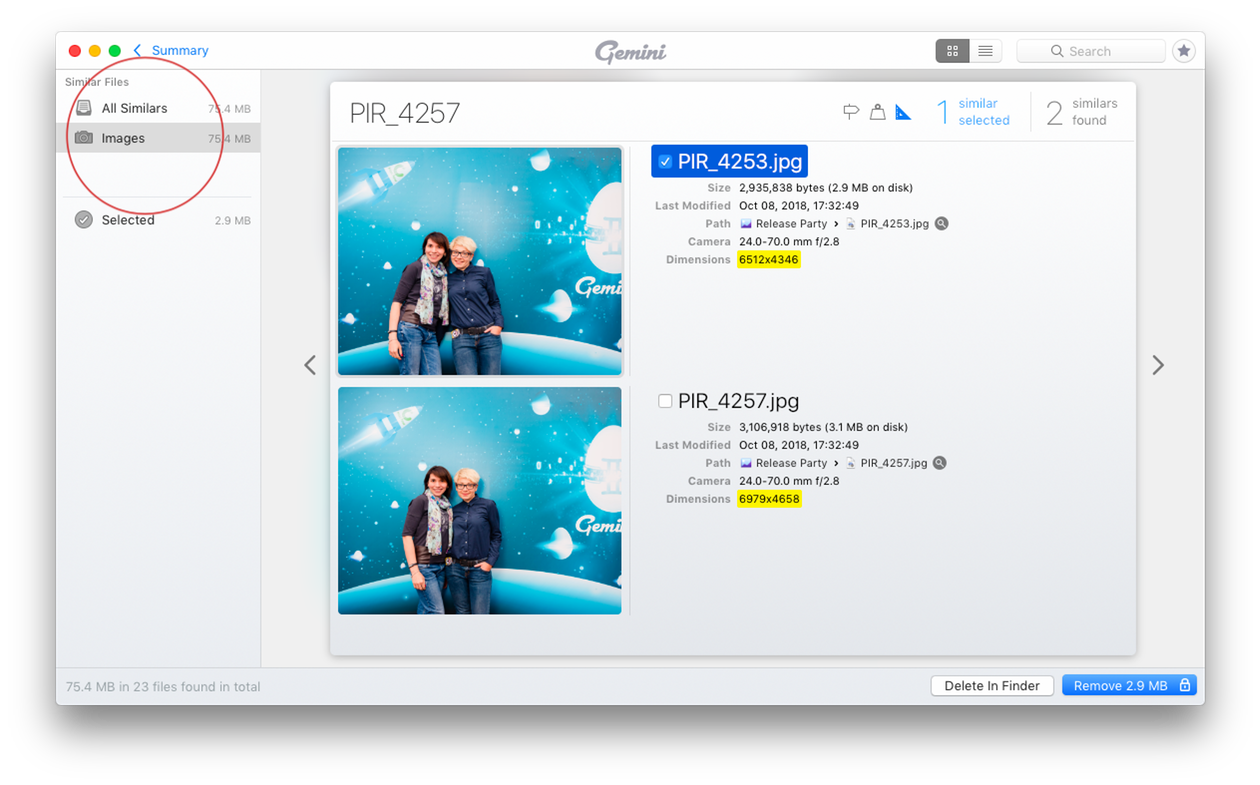 Screenshot: Dealing with similar photos in Gemini 2, The Duplicate Photo Cleaner for Mac