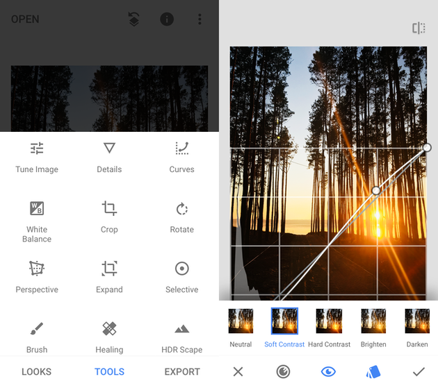 Screenshots of Snapseed, a free photo editor for iPhone