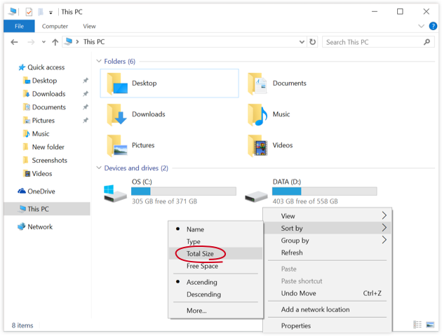 how to sort folders by size