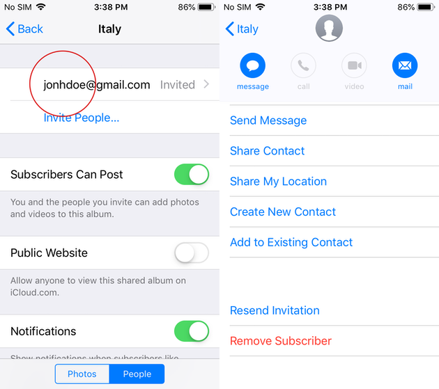Screenshot: How to remove a subscriber from a Shared Album on iPhone