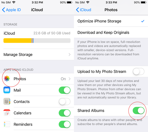 Screenshot: How to switch on iCloud Photo Sharing