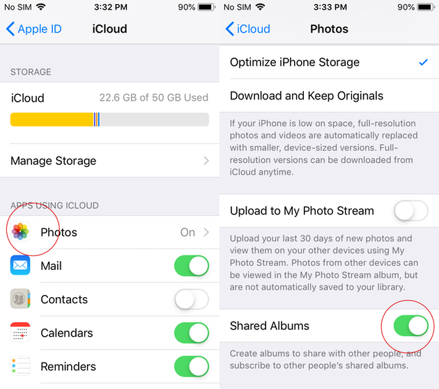 Captura de pantalla: Cómo activar el uso compartido de fotos de iCloud