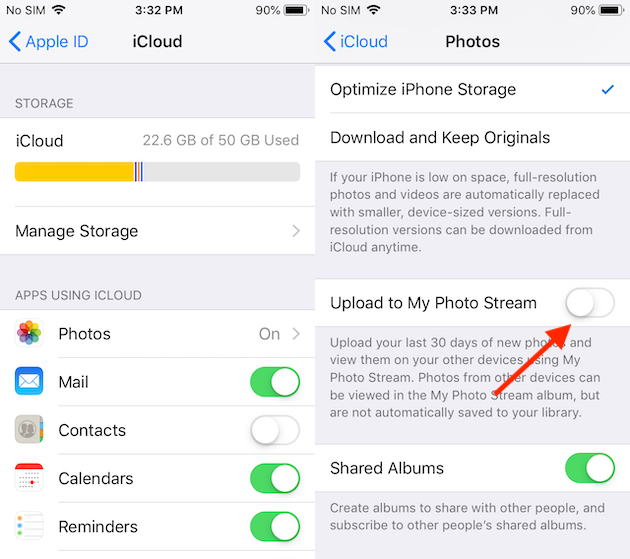 Screenshots: How to switch off My Photo Stream on iPhone