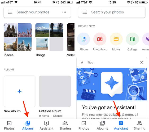 Screenshots: Albums and Assistant tabs in Google Photos on iPhone