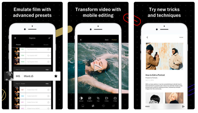 Screenshots of VSCO, a photo editor and camera app for iOS