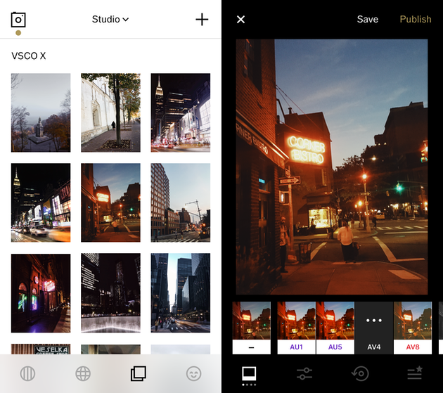 Screenshots of VSCO, a popular photo editing app for iPhone