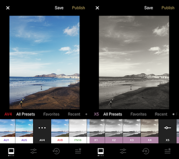 Screenshots of VSCO, a popular iPhone filters app