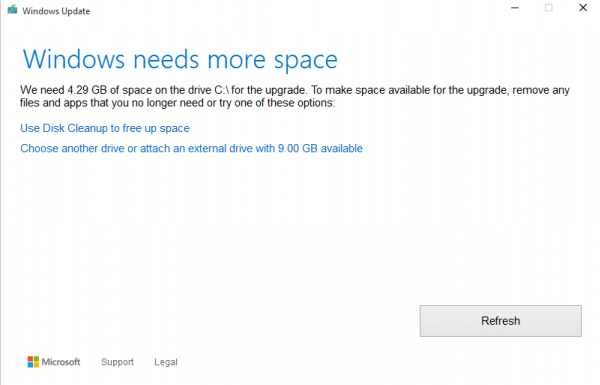 windows 10 creators update not enough disk space