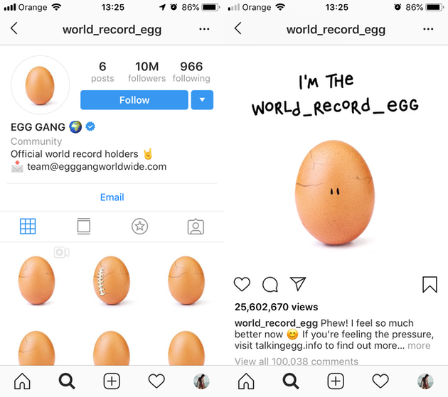 Screenshots of @world_record_egg's Instagram feed